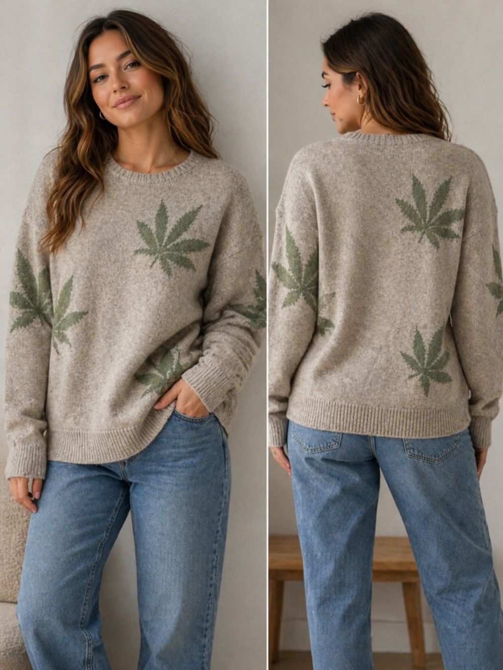 Harden xl Beige Crewneck Sweater with Green Leaf Motif